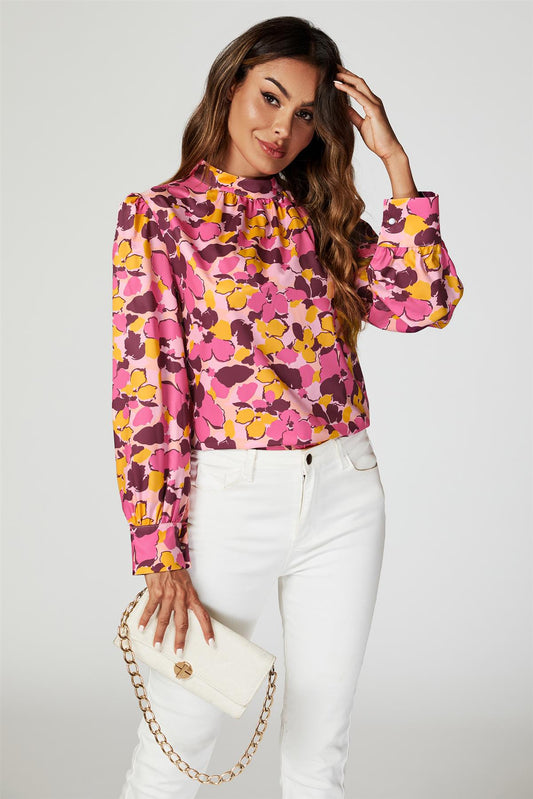 Floral Print Long Sleeve High Neck Top In Pink