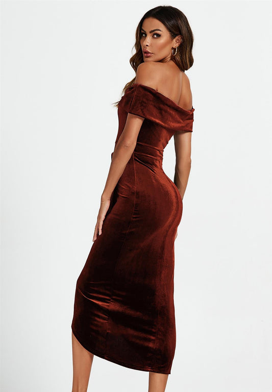 Off Shoulder Velvet Midi Dress In Brown