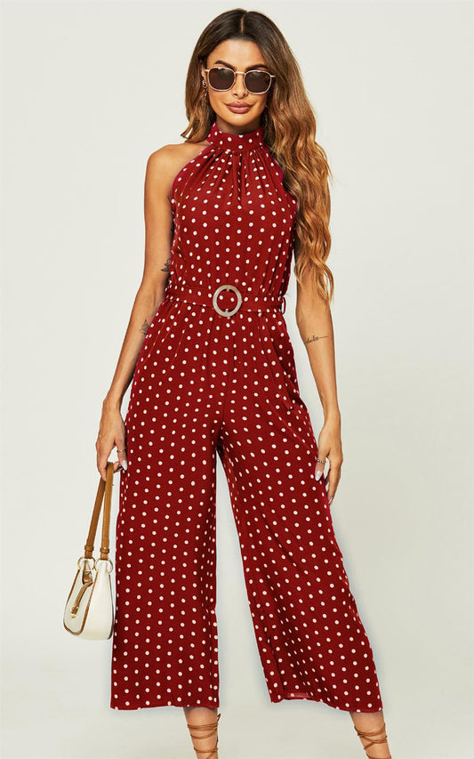 High Neck Jumpsuit In Red Polka Dot