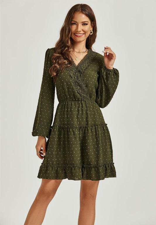 Long Sleeve Lace Detail Wrap Style Tulle Frill Mini Dress In Olive Green