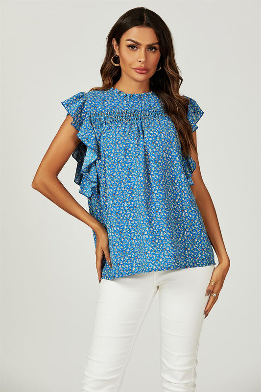 Floral Print Frill Hem Short Sleeve Blouse Top In Blue