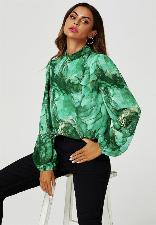 Marble Print Long Sleeve High Neck Top In Light Green