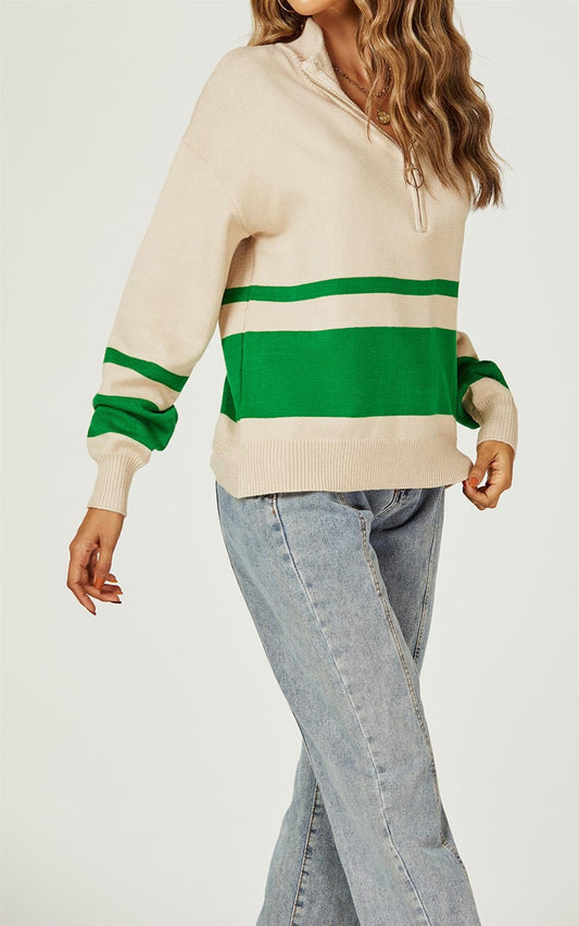 Green Stripe Block Colour 3/4 Zip Cable Knit Jumper In Cream