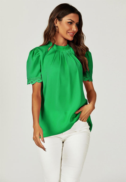 Lace Trim Detail Short Sleeve High Neck Blouse Top In Green