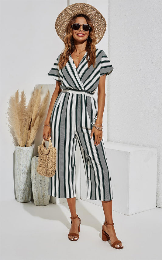 Kimono Sleeve White Stripe Jumpsuit In Dark Green