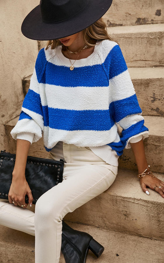 Blue Stripe Relaxed Knit Jumper Top In White