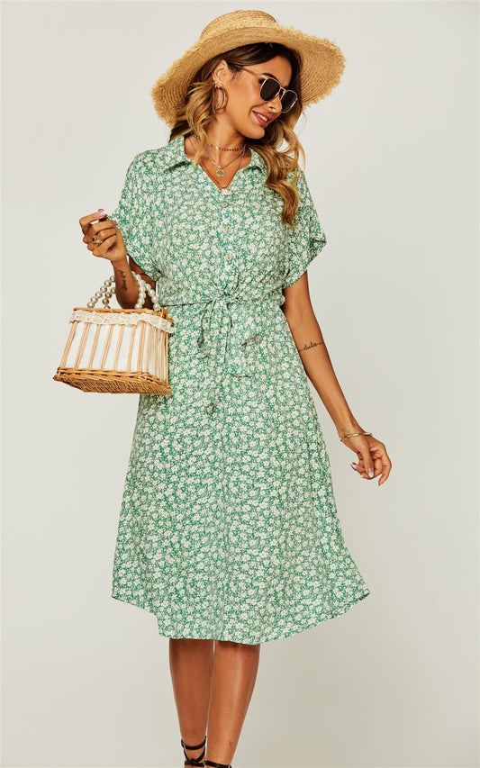 Relaxed Floral Print Button Down Midi Shirt Dress In Green