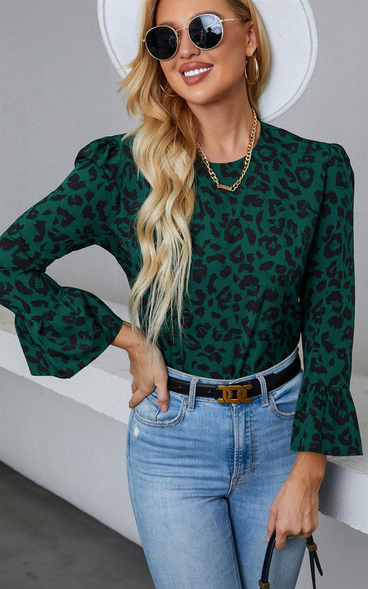 Frill Detail Cuff Top In Green Leopard