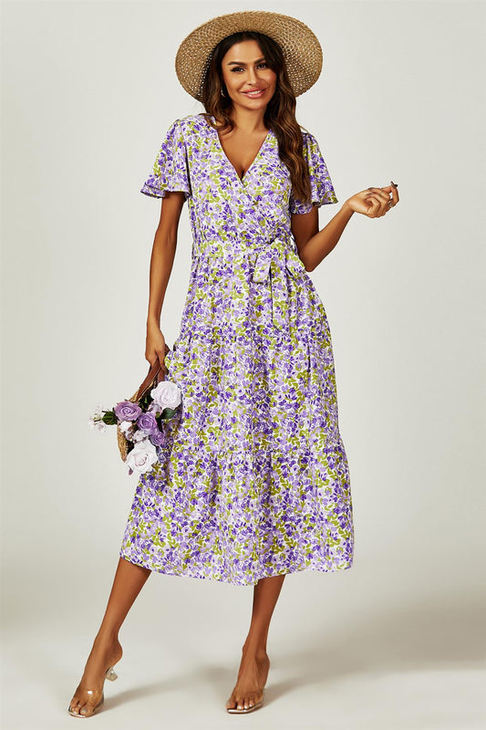 Floral Print Hem Tiered Wrap Midi Dress In Purple