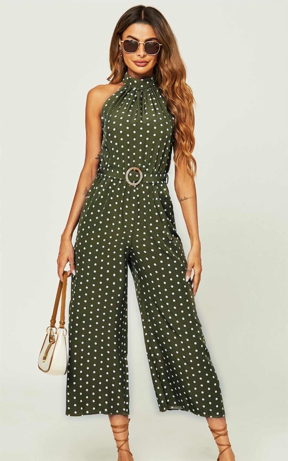 High Neck Jumpsuit In Olive Green Polka Dot