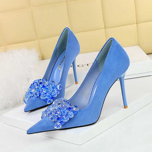 Velvet Embellished Gemstone Bow Detail Stiletto Heels Shoes