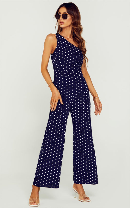 Polka Dot One Shoulder Bridesmaid Jumpsuit In Navy