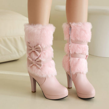 Pointed Toe Platform Stiletto Heels Faux Fur Half Boots