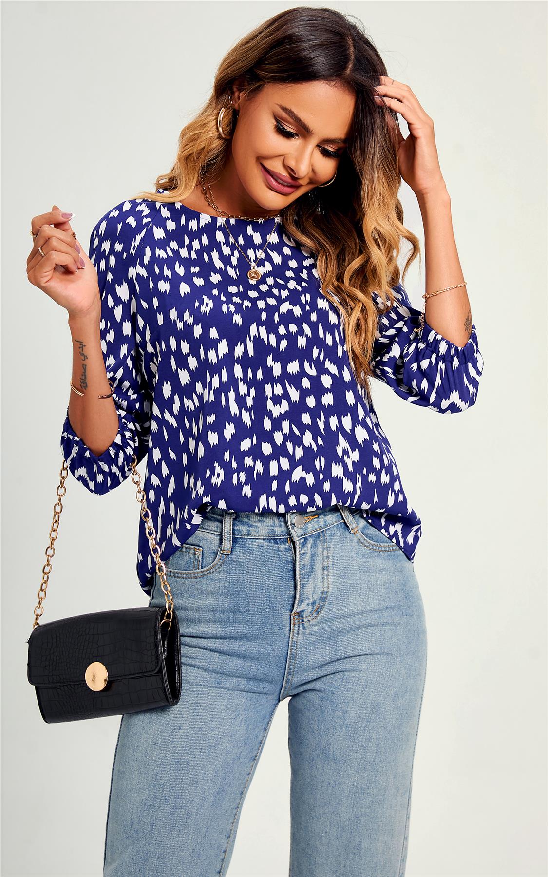 Animal Print Top/Blouse In Blue