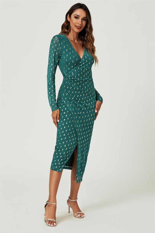 Foil Mesh Long Sleeve Midi Dress In Green