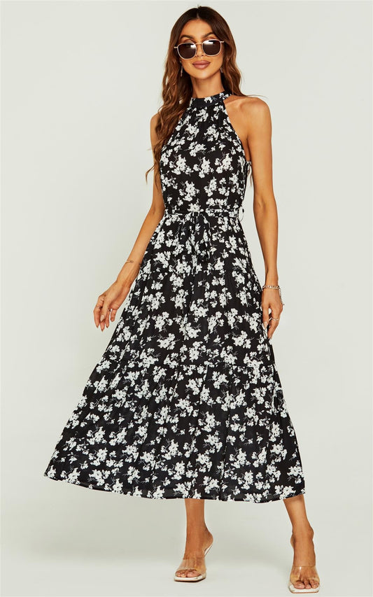 White Flora Print Halter Neck Midi Layer Dress In Black