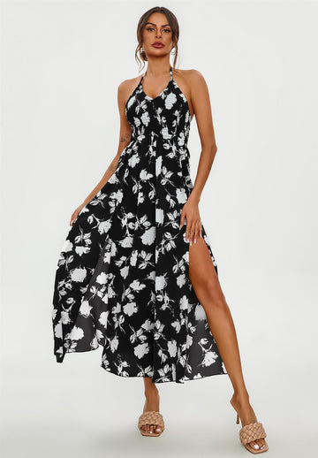 Floral Print Tie Halterneck Back Detail Maxi Dress In Black