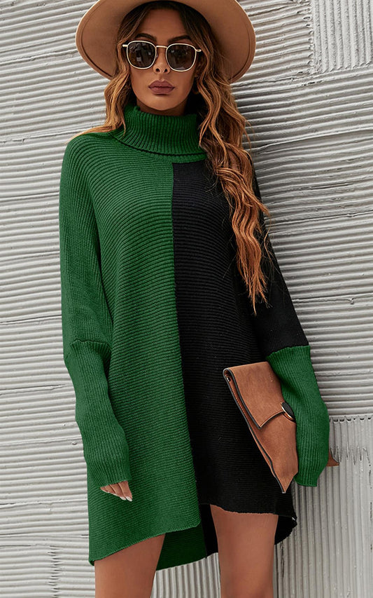 High Neck Half Forest Green & Black Block Colour Jumper Top