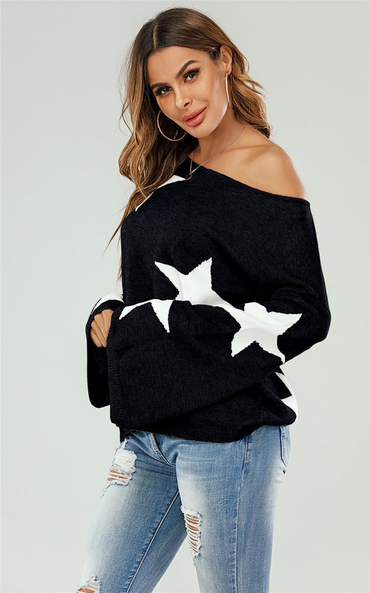 Wide Sleeve Oversize Black Jumper With White Star