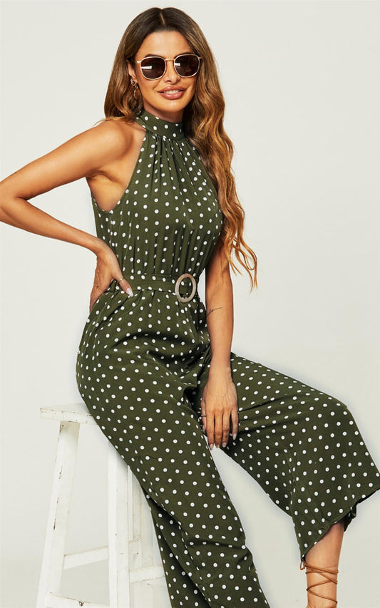 High Neck Jumpsuit In Olive Green Polka Dot