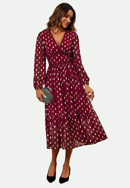 Lace Trim Foil Long Sleeve Maxi Dress In Wine