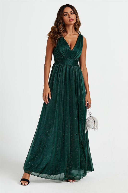 Sparkly V Neck Bridesmaid Maxi Dress In Green