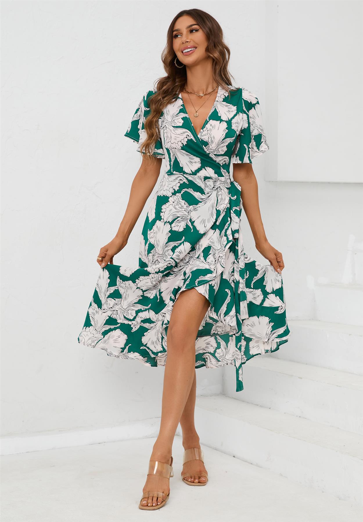 Angel Sleeve Wrap Midi Dress In Green