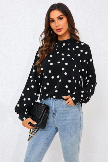 Black Dot Print Halter Neck Blouse Top In Black