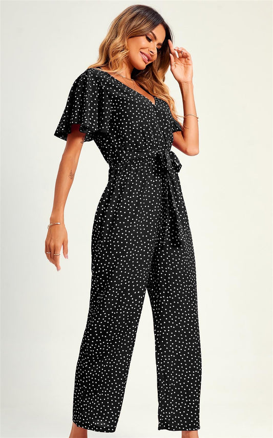 Polka Dot Angel Sleeve  Culotte Jumpsuit In Black