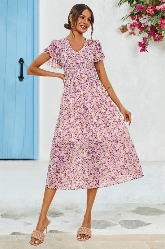 Floral Print Angel Sleeve Midi Dress In Purple