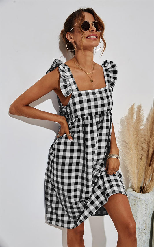 White Checkered Smock Dress In Black