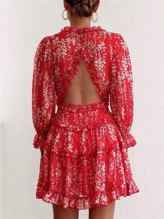 Frill & Back Detail Tiered Mini Dress In Red Floral Print