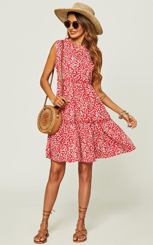 Hem Frill Detail Tiered Mini Dress In Red Flora Print