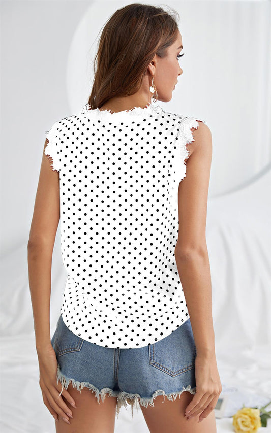 Black Dot Button Down Lace Trim V Neck Sleeveless Blouse In White