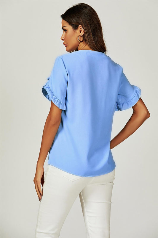 Frill Trim Detail Short Sleeve Blouse Top In Light Blue