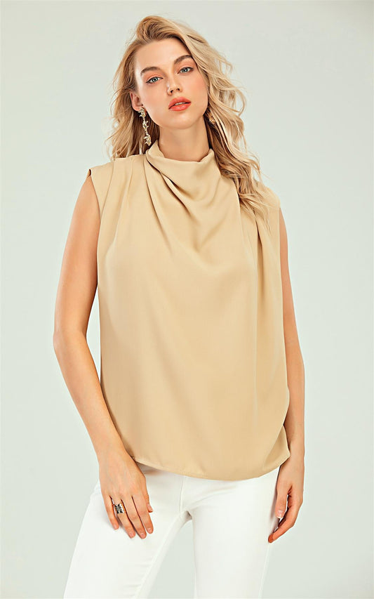 High Neck Sleeveless Blouse In Beige