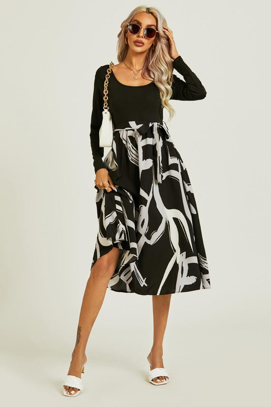 Printed 2 In 1 Midi Dress Long Sleeve Top In Black