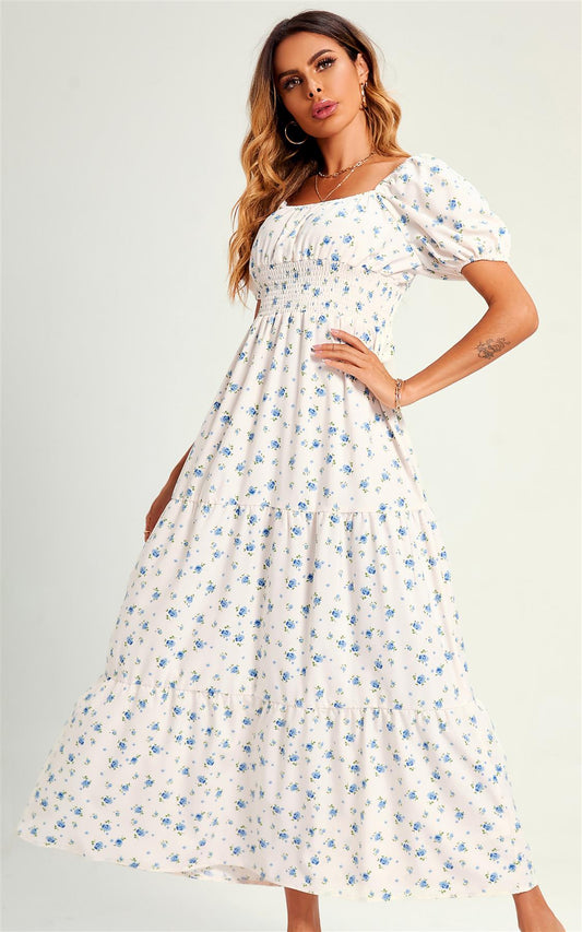 Summer Flora Print Bardot Maxi Dress In White