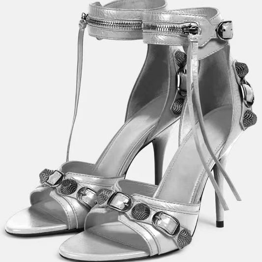 Studded Buckle Strap Round Toe Stiletto Sandals