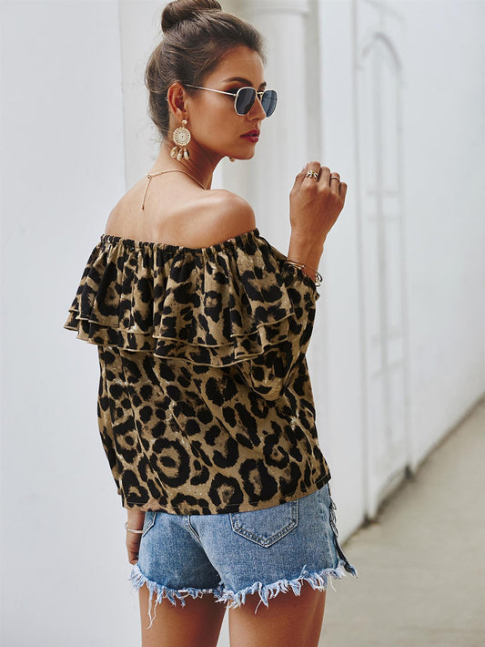 Off The Shoulder Frill Top In Brown Leopard Print