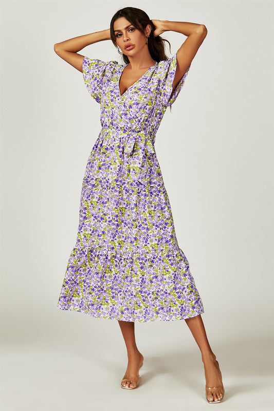 Floral Print Hem Tiered Wrap Midi Dress In Purple