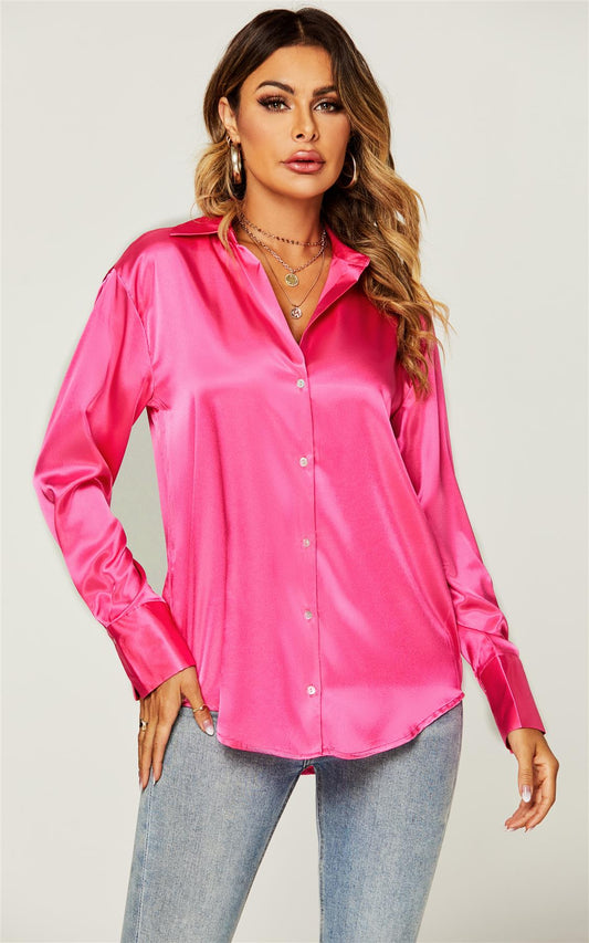 Chic Relaxed Satin Shirt In Fuchsia Pink