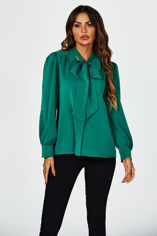 Tie Detail long sleeve Blouse Top In Green