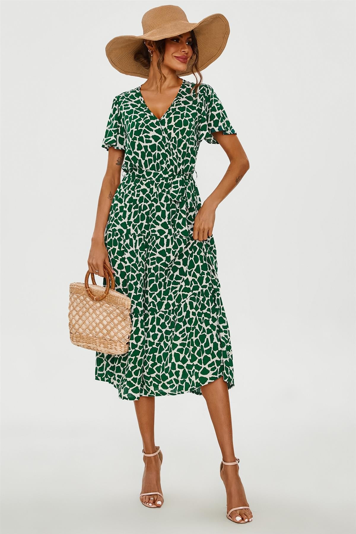 Geo Print Hem Tiered Wrap Midi Dress In Green