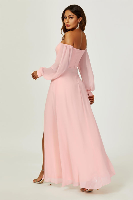 Bardot Long Sleeve Bridesmaid Dresses with High Slit In Pink