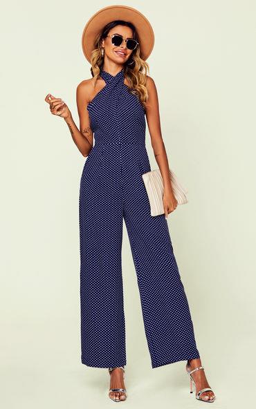 Halter Neck Back Detail Jumpsuit In Navy & Polka Dot