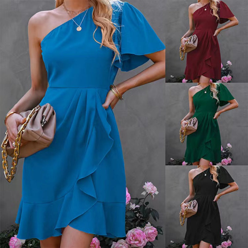 Elegant One-Shoulder Solid Color and Lotus Leaf Edge Mid-Length Dress