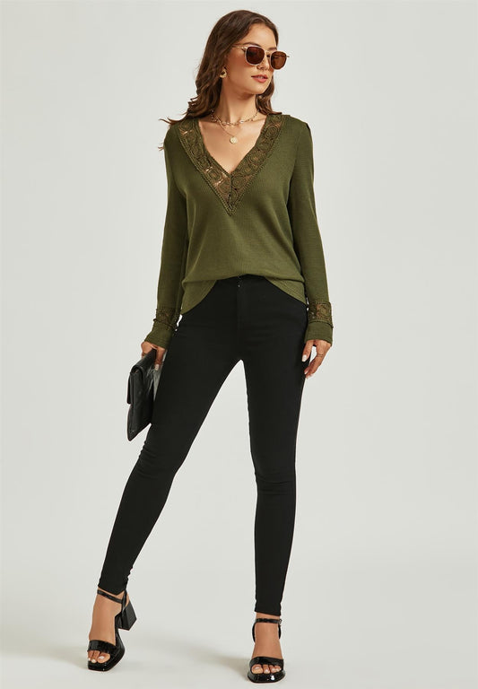 Simple Style Lace Detail V-Neck Reversible Top In Olive Green