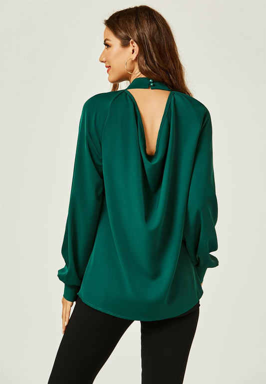 Halter Neck Long Sleeve Blouse Top In Green