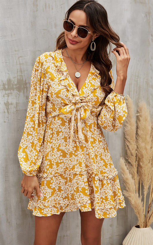 Mini Front Wrap Dress In Yellow & White Floral Print